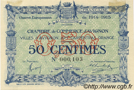 50 Centimes FRANCE regionalism and various Avignon 1915 JP.018.01 AU