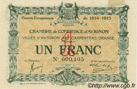 1 Franc FRANCE regionalism and various Avignon 1915 JP.018.05 AU