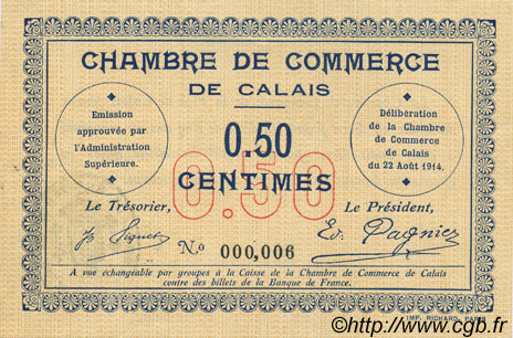 50 Centimes FRANCE regionalism and various Calais 1914 JP.036.01 UNC-