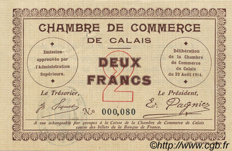 2 Francs FRANCE regionalism and miscellaneous Calais 1914 JP.036.05 XF+