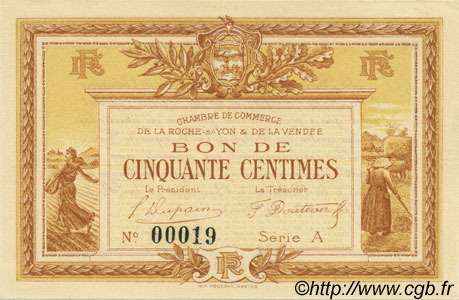 50 Centimes FRANCE regionalism and various La Roche-Sur-Yon 1915 JP.065.01 UNC