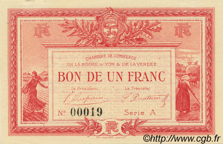 1 Franc FRANCE Regionalismus und verschiedenen La Roche-Sur-Yon 1915 JP.065.05 ST