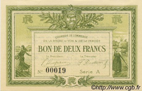 2 Francs FRANCE regionalism and various La Roche-Sur-Yon 1915 JP.065.10 UNC