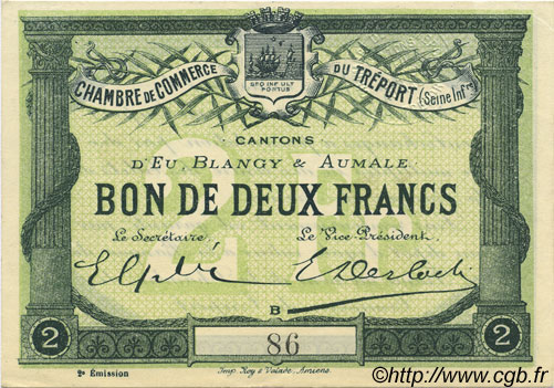 2 Francs FRANCE regionalismo y varios Le Tréport 1915 JP.071.07 SC+