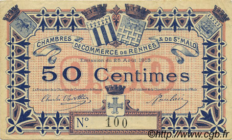 50 Centimes FRANCE Regionalismus und verschiedenen Rennes et Saint-Malo 1915 JP.105.01 fST
