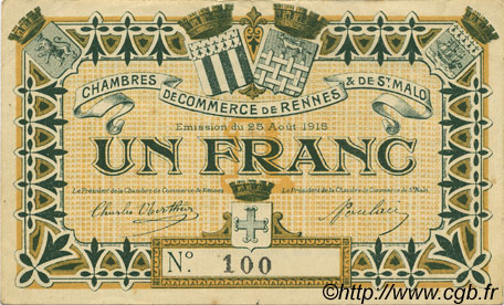 1 Franc FRANCE Regionalismus und verschiedenen Rennes et Saint-Malo 1915 JP.105.03 fST