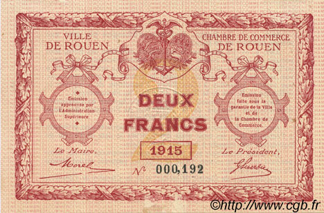 2 Francs FRANCE Regionalismus und verschiedenen Rouen 1915 JP.110.13 ST