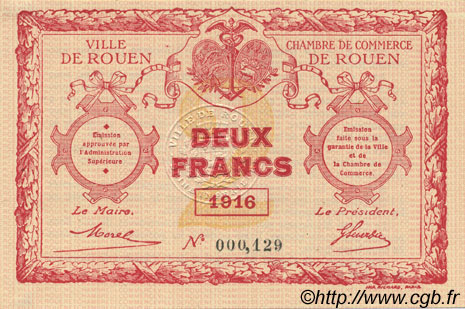 2 Francs FRANCE regionalismo y varios Rouen 1916 JP.110.25 SC