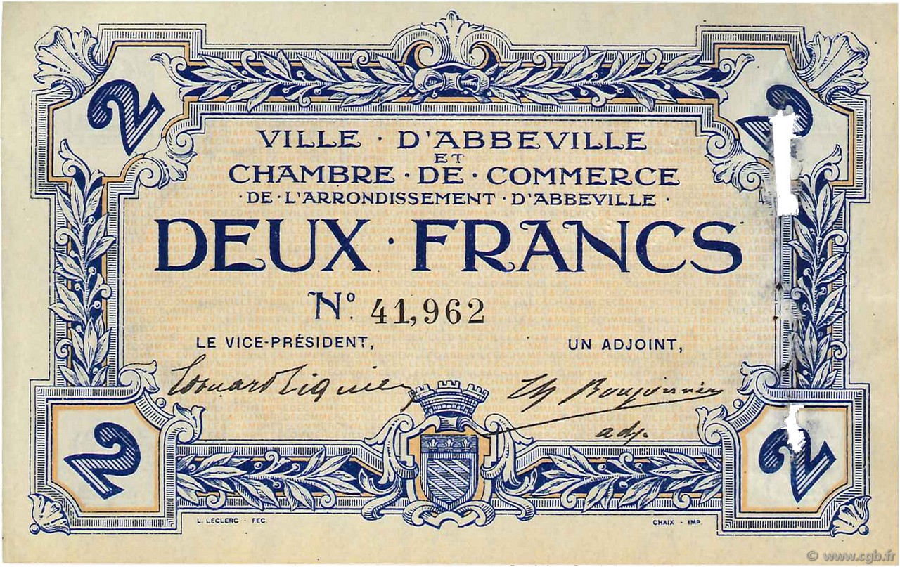 2 Francs FRANCE regionalism and various Abbeville 1920 JP.001.05 XF
