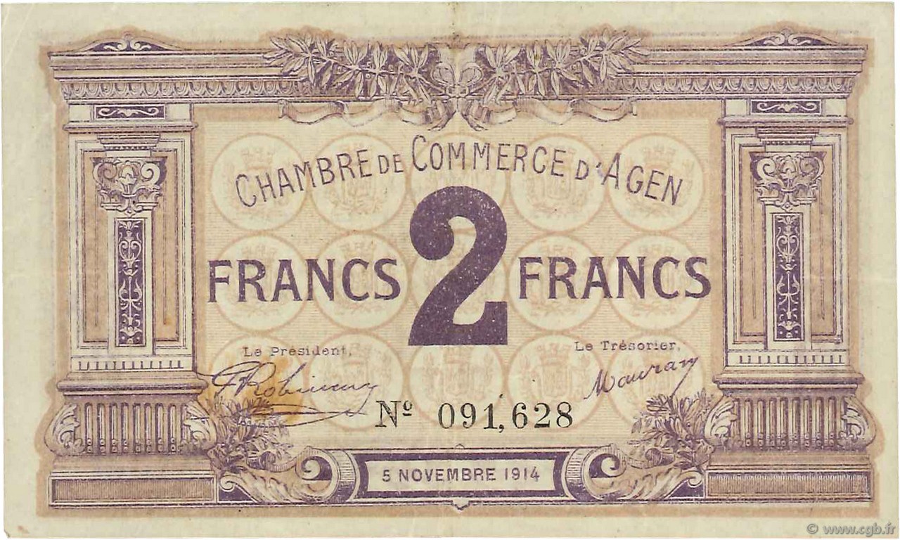 2 Francs FRANCE regionalismo y varios Agen 1914 JP.002.05 MBC a EBC