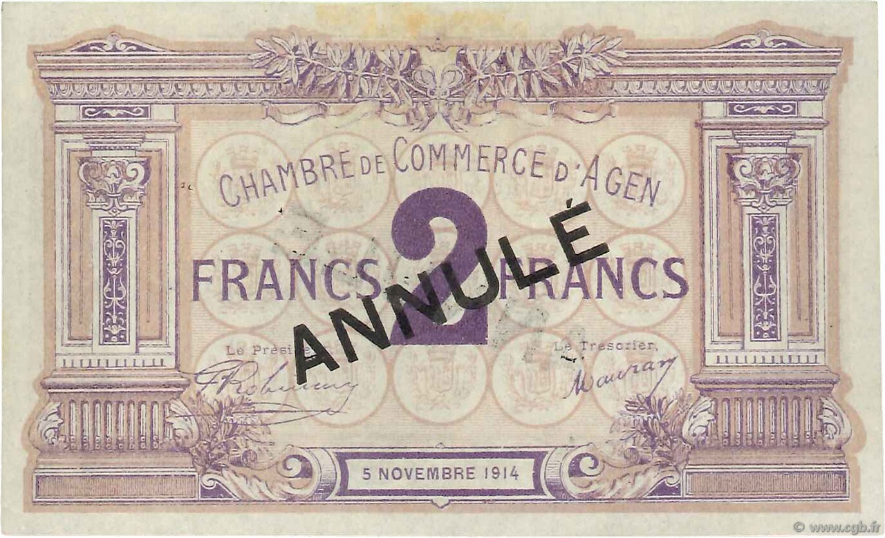 2 Francs Annulé FRANCE regionalism and miscellaneous Agen 1914 JP.002.06 XF