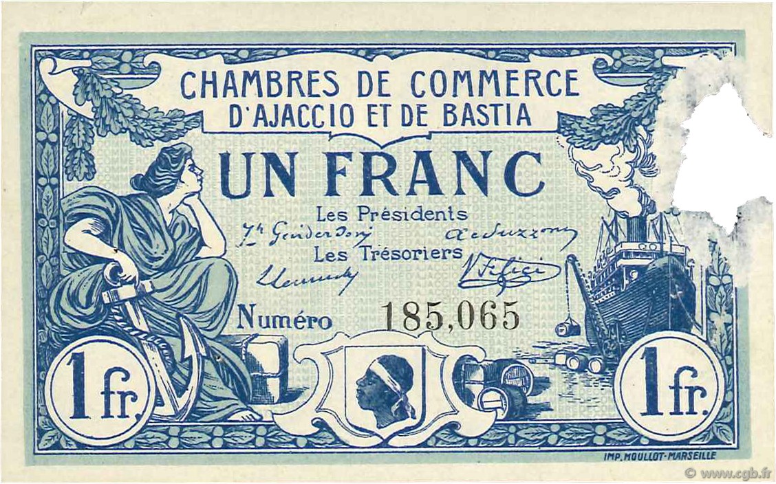 1 Franc FRANCE Regionalismus und verschiedenen Ajaccio et Bastia 1915 JP.003.02 VZ