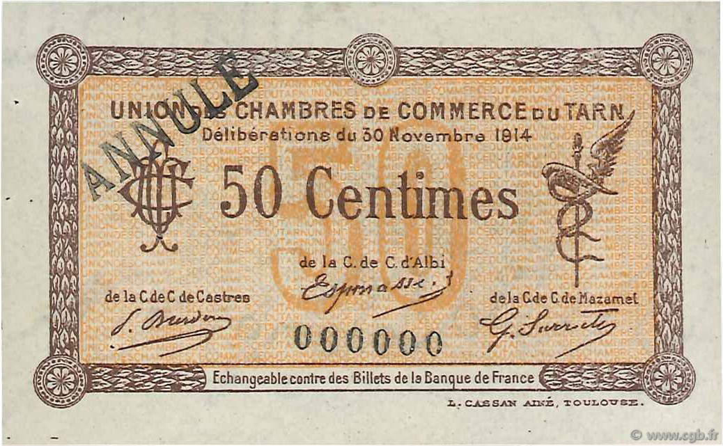 50 Centimes Annulé FRANCE régionalisme et divers Albi - Castres - Mazamet 1914 JP.005.02 SUP+