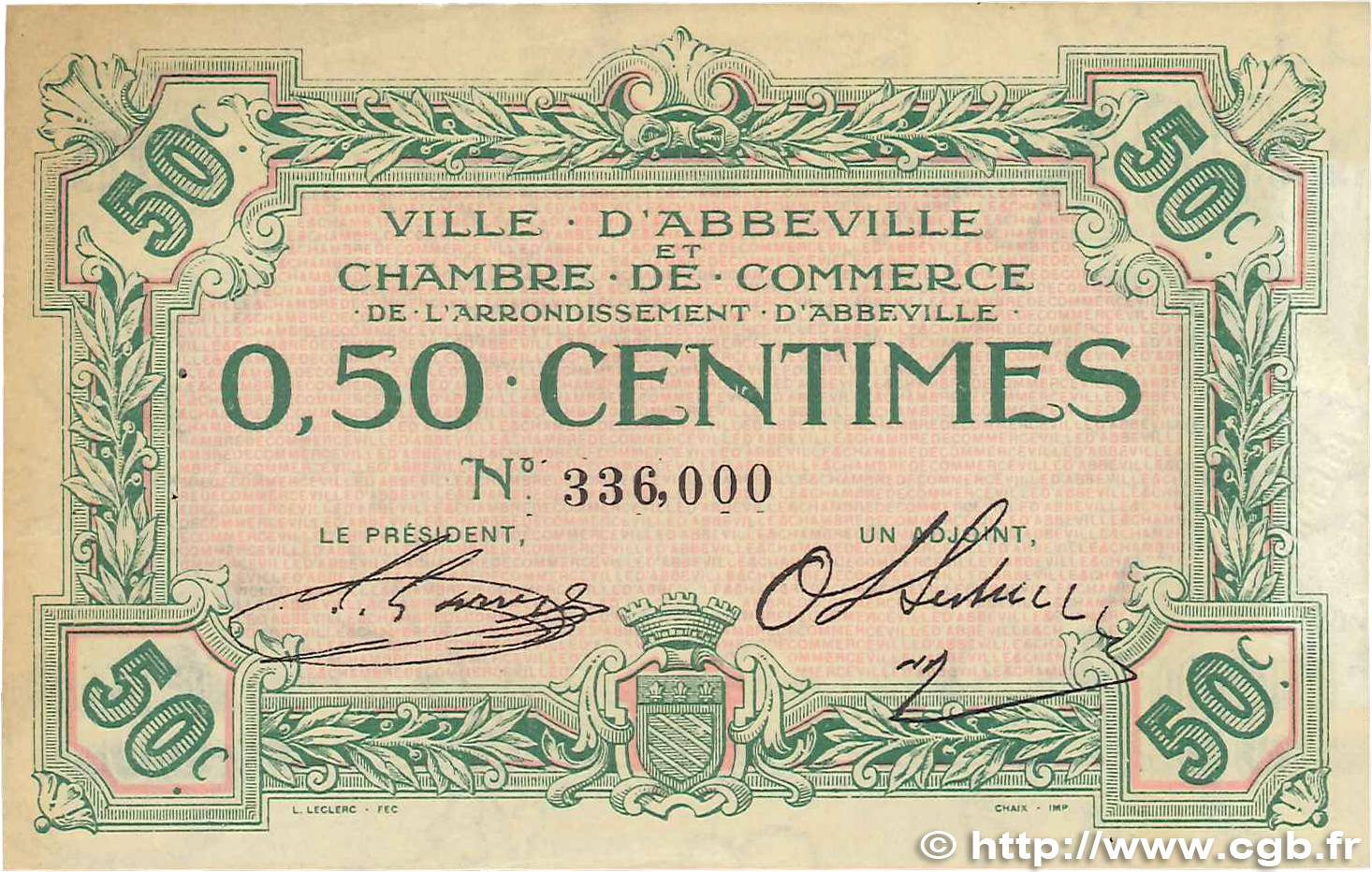 50 Centimes FRANCE Regionalismus und verschiedenen Abbeville 1920 JP.001.01 fVZ
