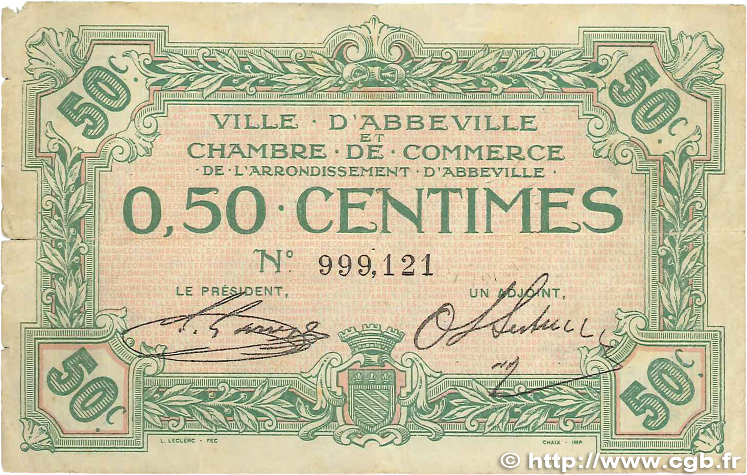 50 Centimes FRANCE Regionalismus und verschiedenen Abbeville 1920 JP.001.01 SGE
