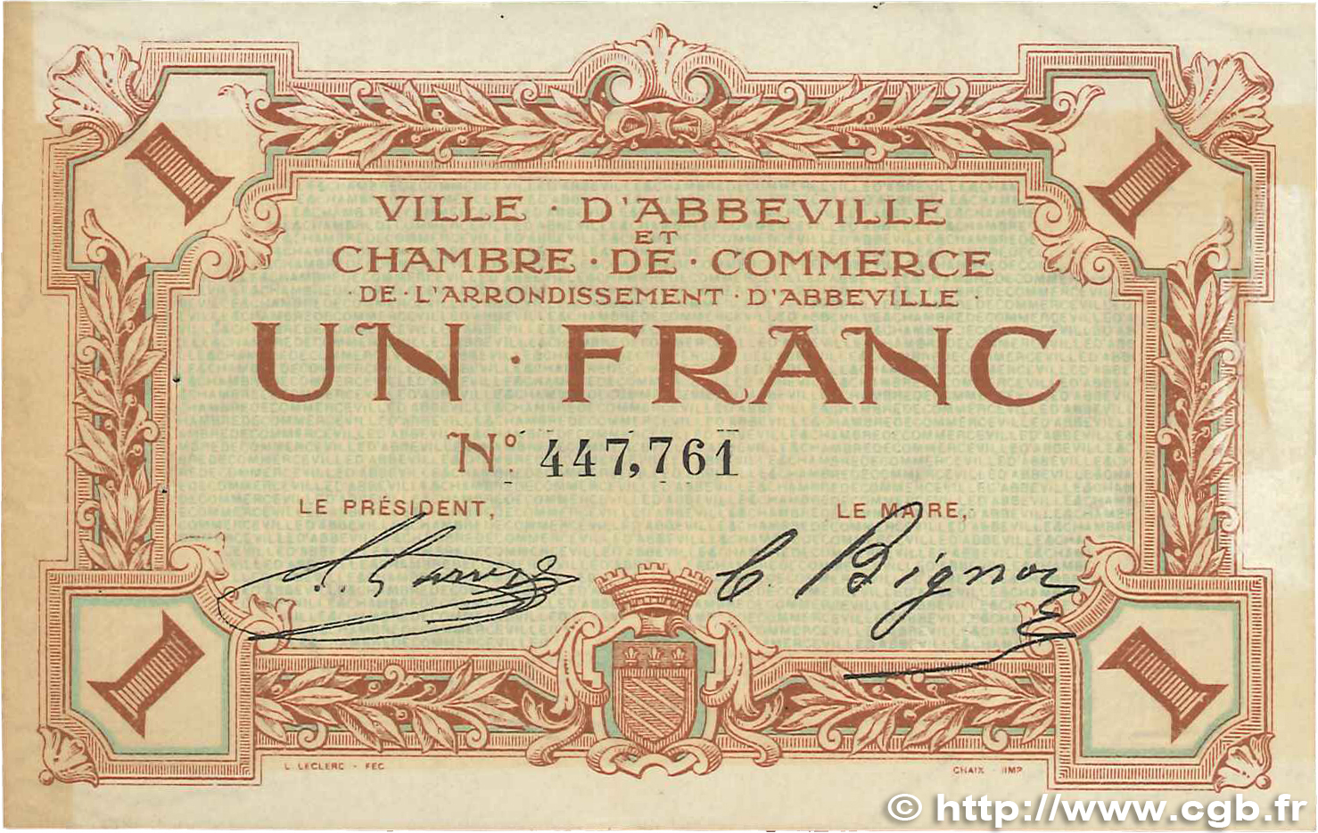 1 Franc FRANCE regionalismo e varie Abbeville 1920 JP.001.03 q.SPL