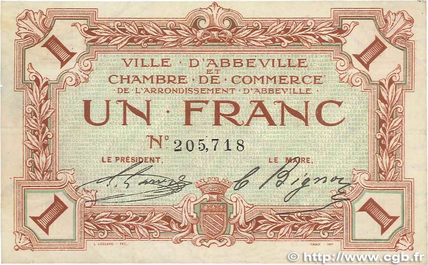 1 Franc FRANCE Regionalismus und verschiedenen Abbeville 1920 JP.001.03 fVZ