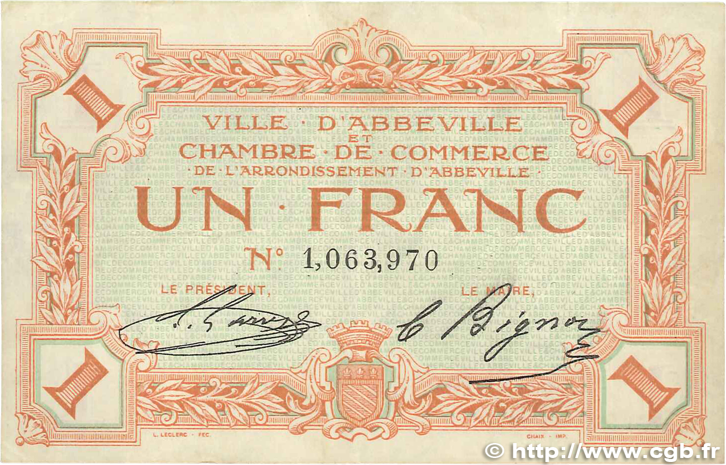 1 Franc FRANCE regionalism and various Abbeville 1920 JP.001.03 VF