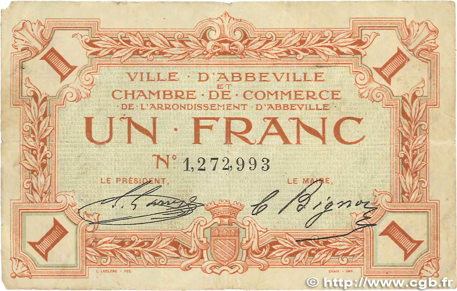 1 Franc FRANCE regionalism and miscellaneous Abbeville 1920 JP.001.03 G