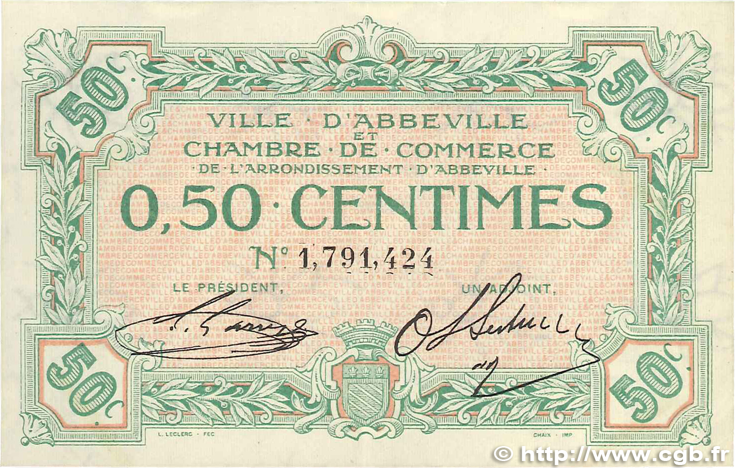 50 Centimes FRANCE regionalism and various Abbeville 1920 JP.001.08 VF+