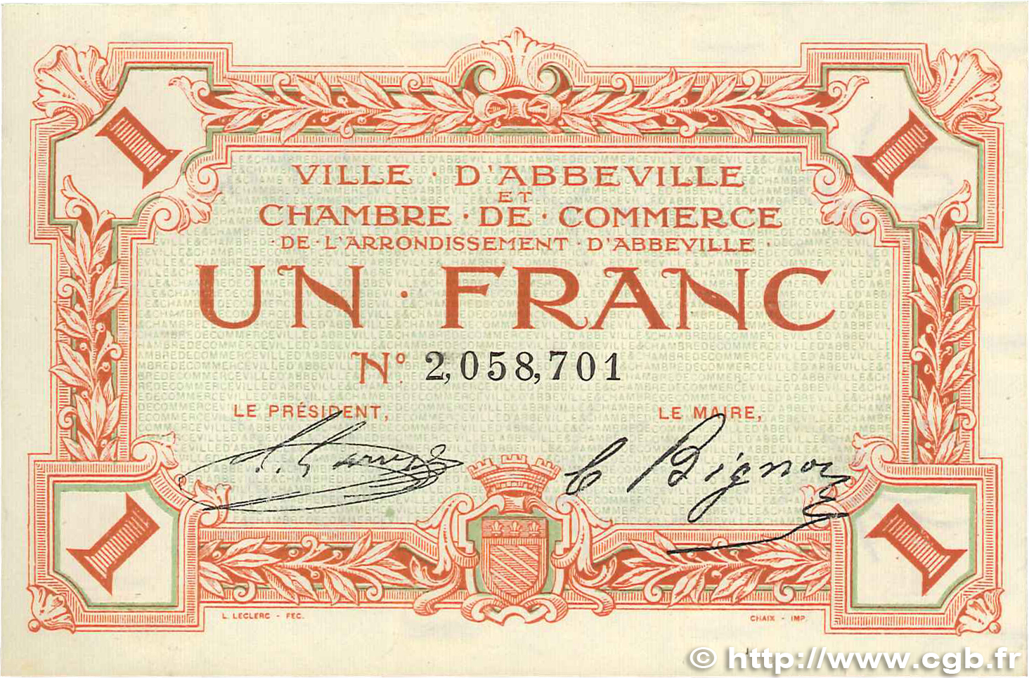 1 Franc FRANCE regionalism and miscellaneous Abbeville 1920 JP.001.09 XF