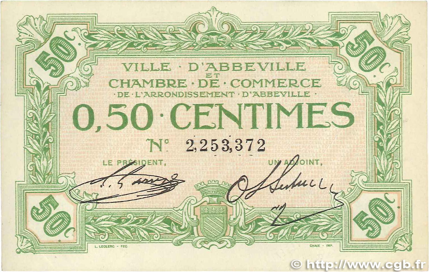 50 Centimes FRANCE régionalisme et divers Abbeville 1920 JP.001.13 SUP