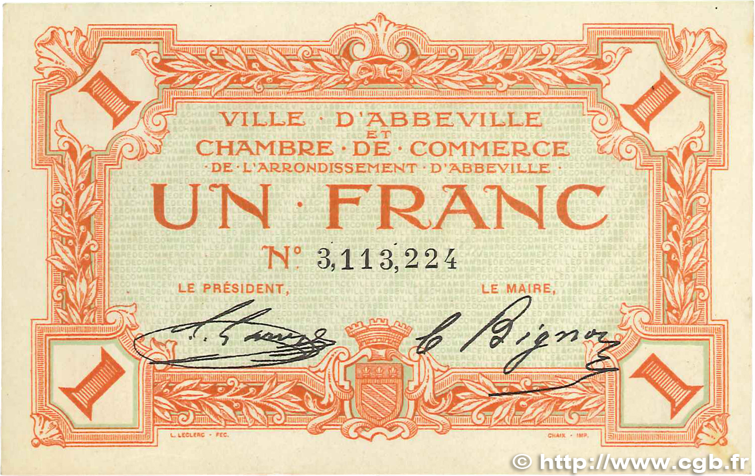 1 Franc FRANCE Regionalismus und verschiedenen Abbeville 1920 JP.001.15 VZ