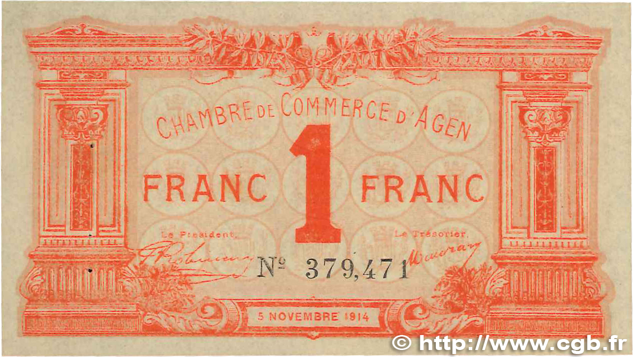 1 Franc FRANCE regionalism and various Agen 1914 JP.002.03 XF+
