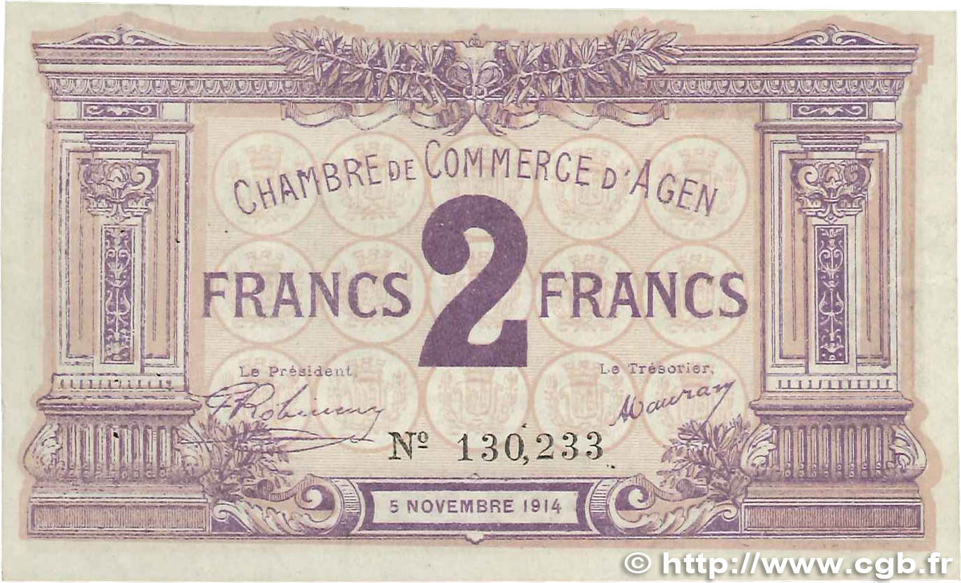 2 Francs FRANCE regionalism and various Agen 1914 JP.002.05 XF