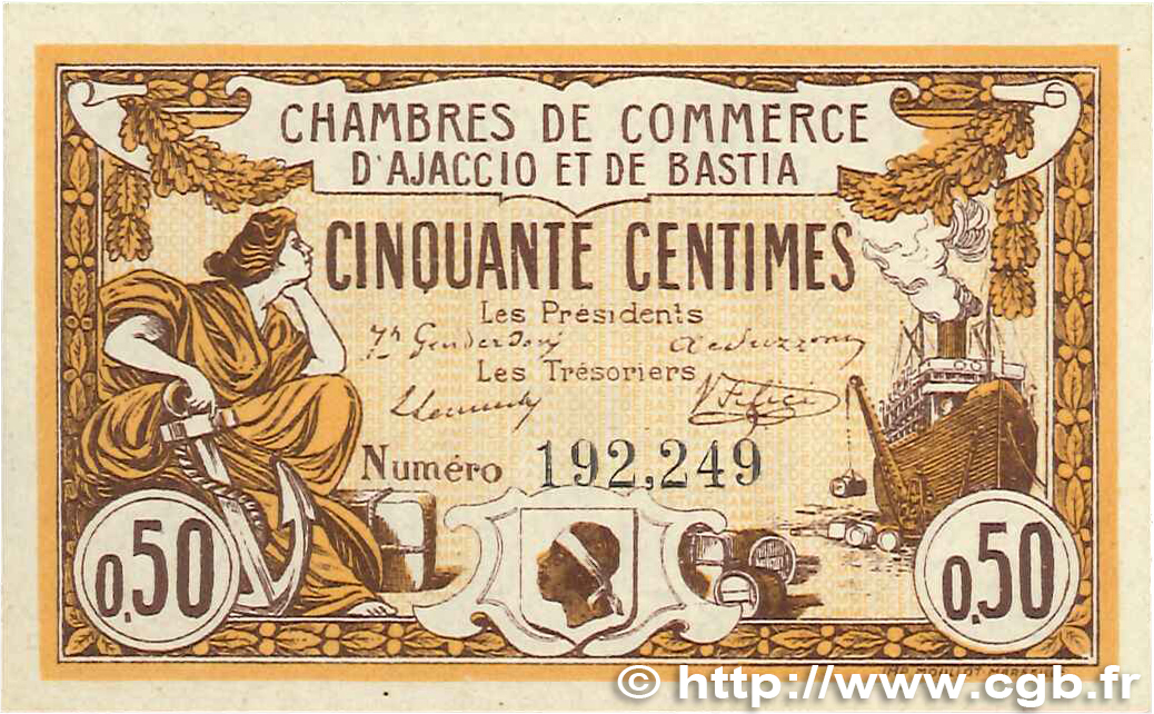 50 Centimes FRANCE regionalismo y varios Ajaccio et Bastia 1915 JP.003.01 SC+