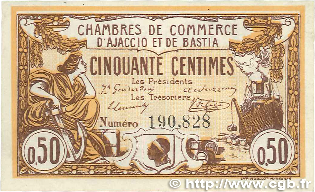 50 Centimes FRANCE regionalism and various Ajaccio et Bastia 1915 JP.003.01 XF+