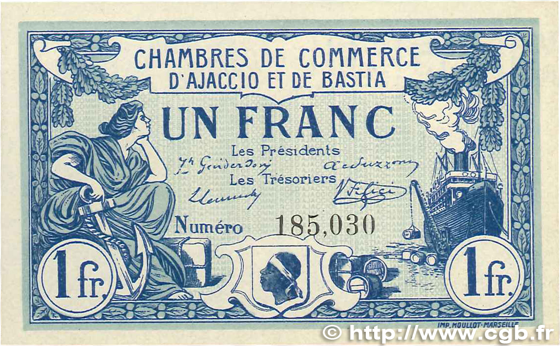 1 Franc FRANCE regionalism and various Ajaccio et Bastia 1915 JP.003.02 UNC-