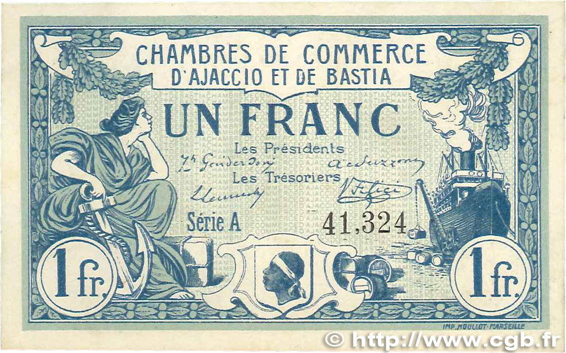 1 Franc FRANCE regionalismo y varios Ajaccio et Bastia 1915 JP.003.04 EBC+