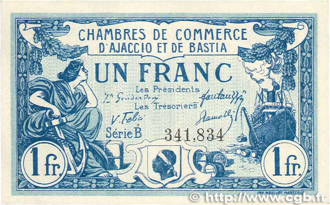 1 Franc FRANCE Regionalismus und verschiedenen Ajaccio et Bastia 1917 JP.003.07 VZ
