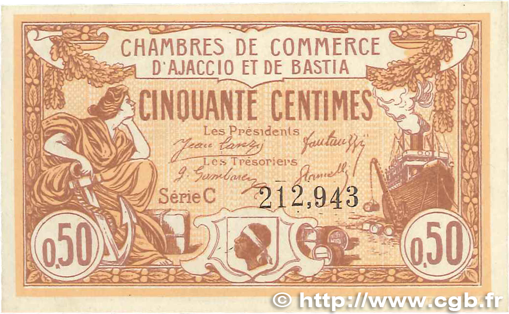 50 Centimes FRANCE regionalism and various Ajaccio et Bastia 1920 JP.003.08 VF+