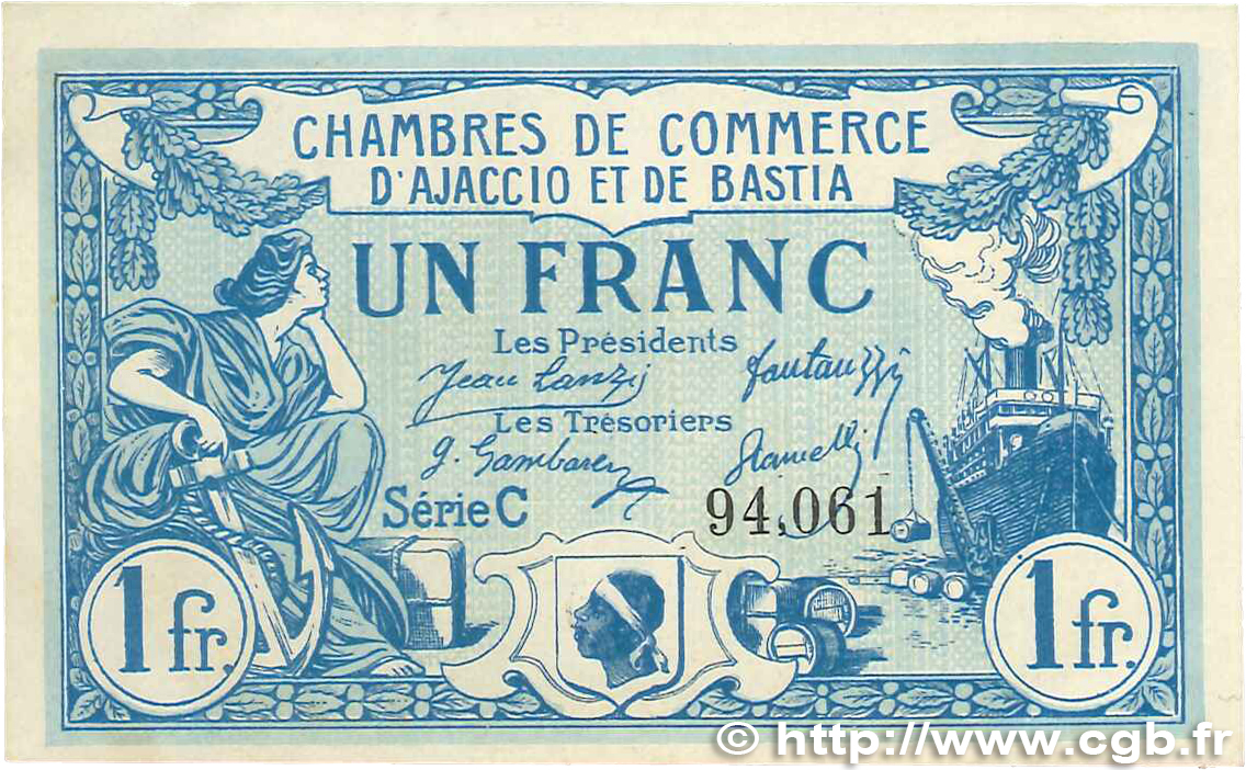 1 Franc FRANCE regionalism and various Ajaccio et Bastia 1920 JP.003.09 VF+