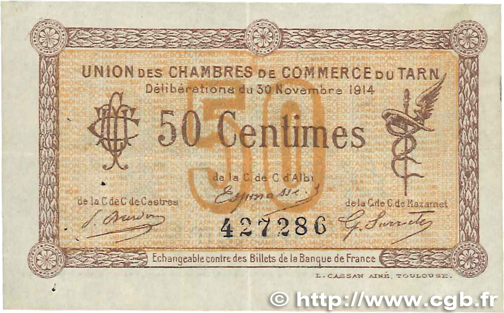 50 Centimes FRANCE regionalismo e varie Albi - Castres - Mazamet 1914 JP.005.01 BB