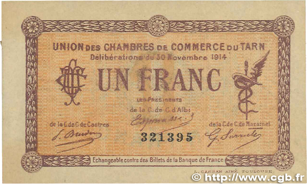 1 Franc FRANCE regionalismo y varios Albi - Castres - Mazamet 1914 JP.005.05 MBC+