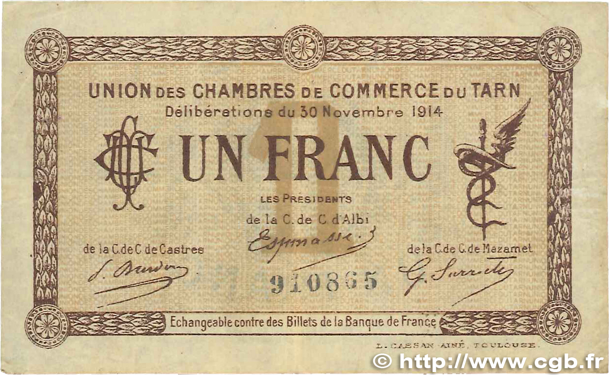 1 Franc FRANCE regionalism and various Albi - Castres - Mazamet 1914 JP.005.05 VF-