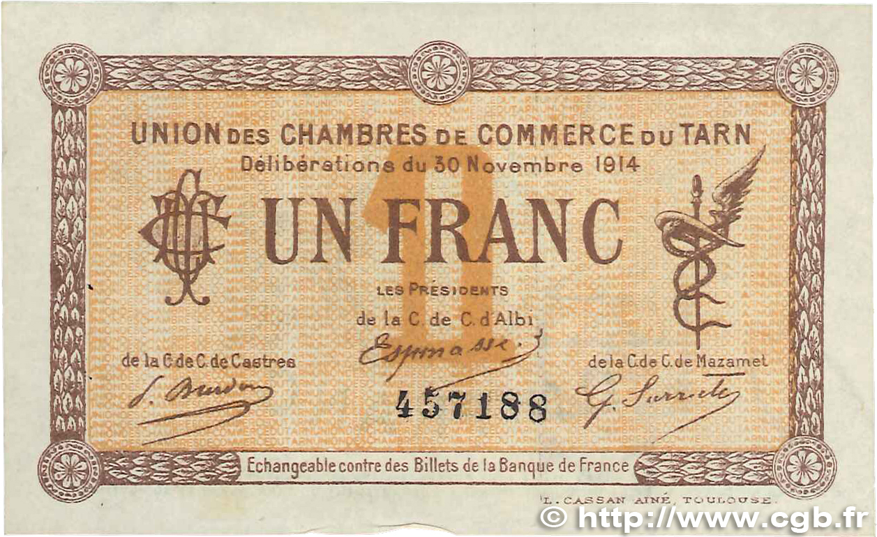 1 Franc FRANCE regionalism and various Albi - Castres - Mazamet 1914 JP.005.05 VF+