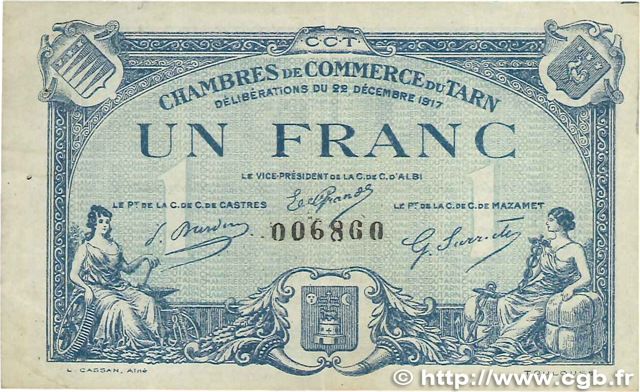 1 Franc FRANCE regionalismo y varios Albi - Castres - Mazamet 1917 JP.005.13 MBC+