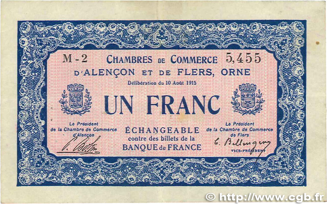 1 Franc FRANCE Regionalismus und verschiedenen Alencon et Flers 1915 JP.006.06 fVZ
