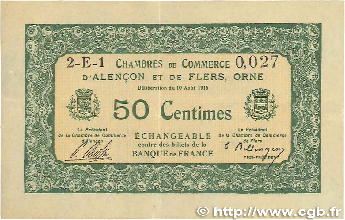 50 Centimes FRANCE regionalism and various Alencon et Flers 1915 JP.006.16 VF+