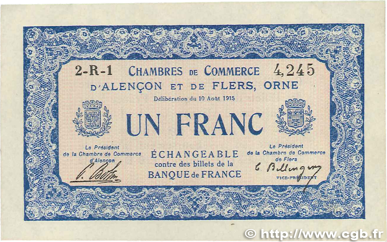 1 Franc FRANCE Regionalismus und verschiedenen Alencon et Flers 1915 JP.006.17 VZ