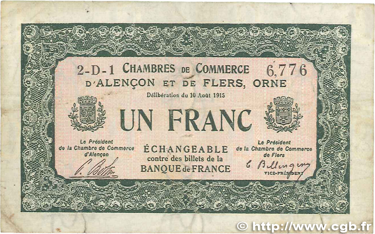 1 Franc FRANCE regionalism and various Alencon et Flers 1915 JP.006.20 VF-
