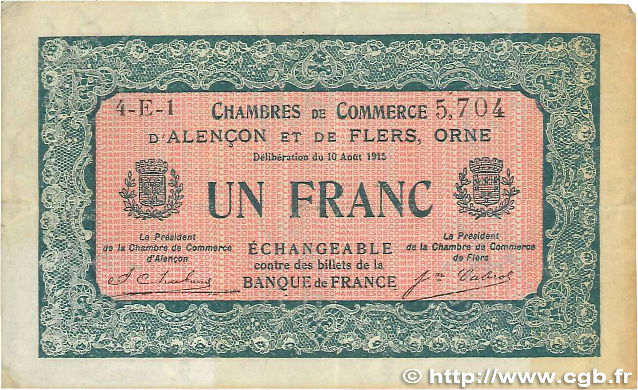 1 Franc FRANCE regionalism and various Alencon et Flers 1915 JP.006.38 VF-