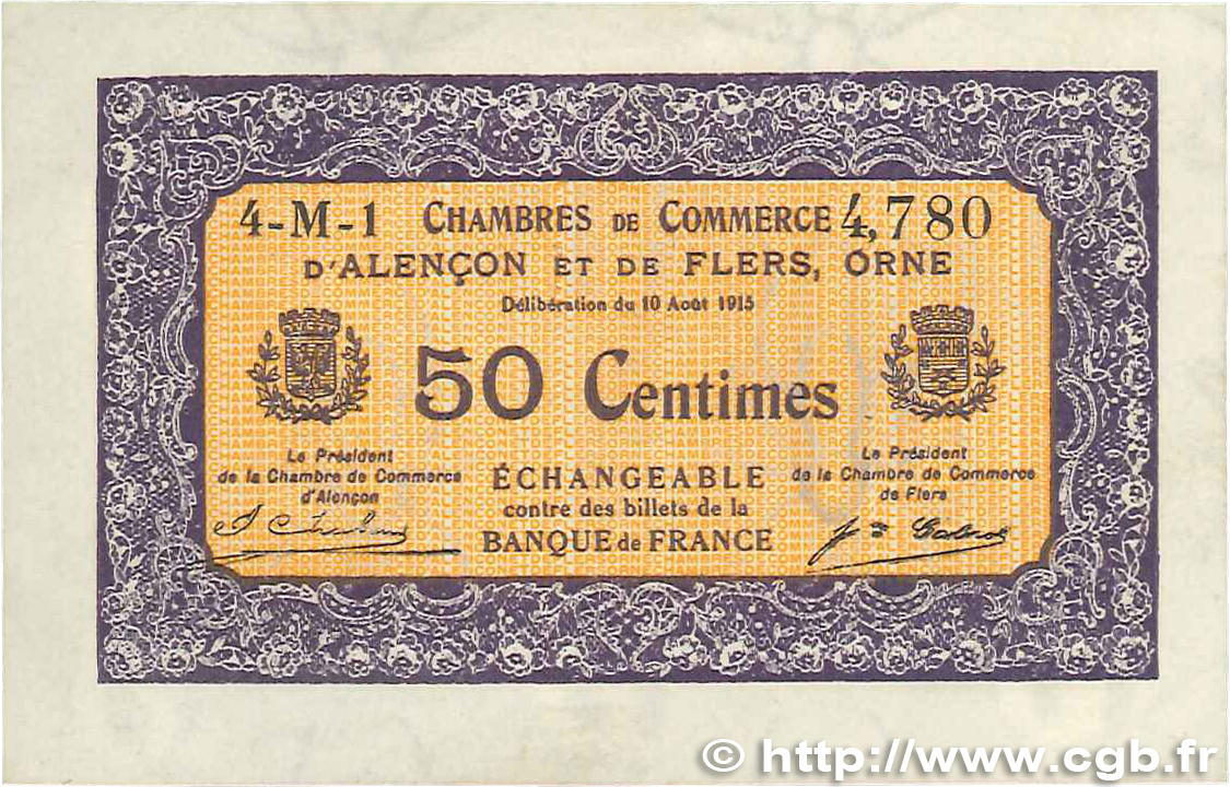 50 Centimes FRANCE regionalism and miscellaneous Alencon et Flers 1915 JP.006.37 VF+