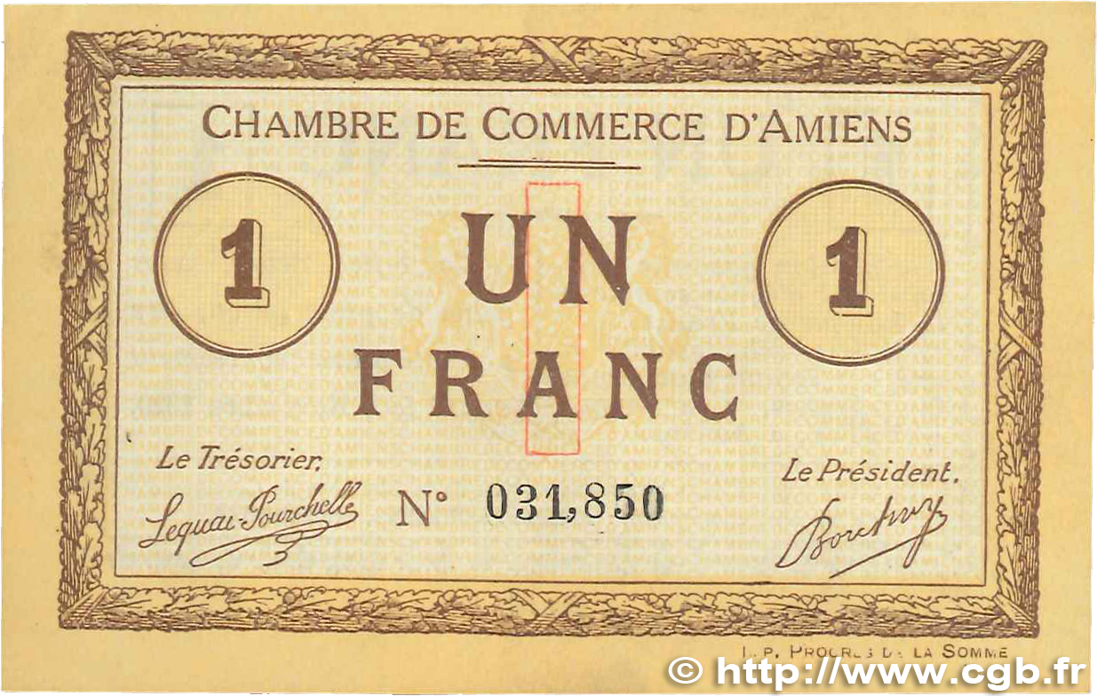 1 Franc FRANCE regionalism and various Amiens 1915 JP.007.08 XF+