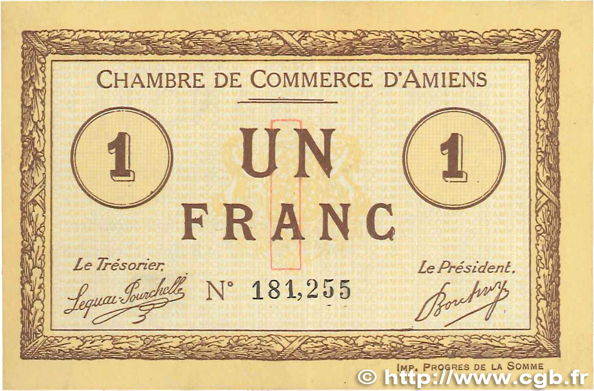 1 Franc FRANCE Regionalismus und verschiedenen Amiens 1915 JP.007.16 VZ+