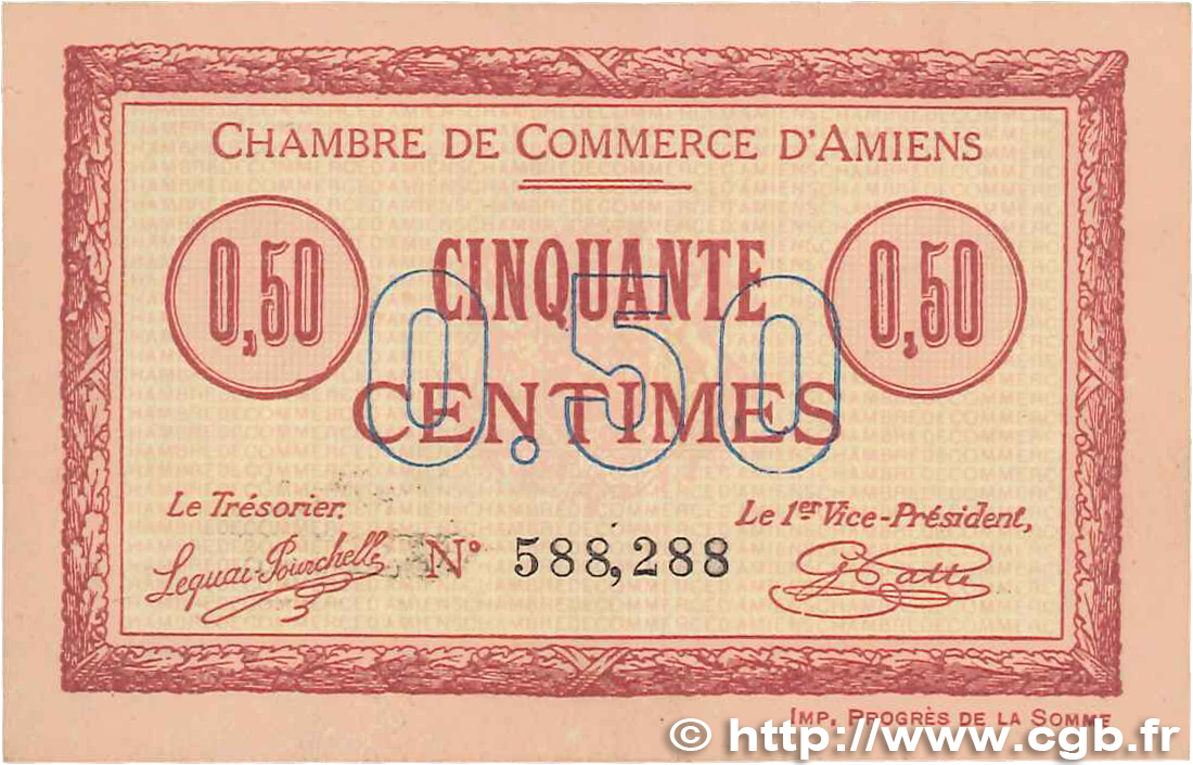 50 Centimes FRANCE regionalism and various Amiens 1915 JP.007.26 AU-
